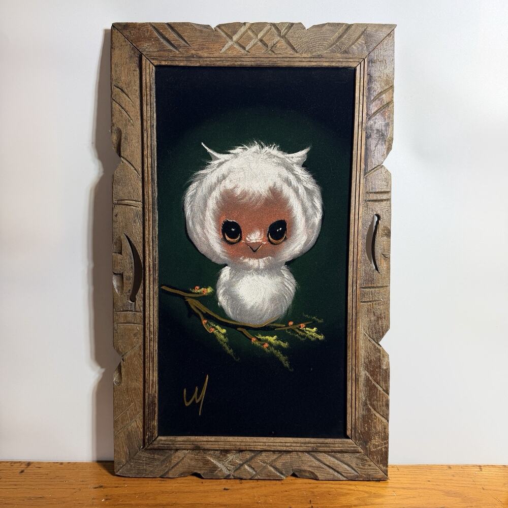 Vtg Black Velvet Big Eyes White Owl Painting Snowy Owl on Branch Framed 15x24"